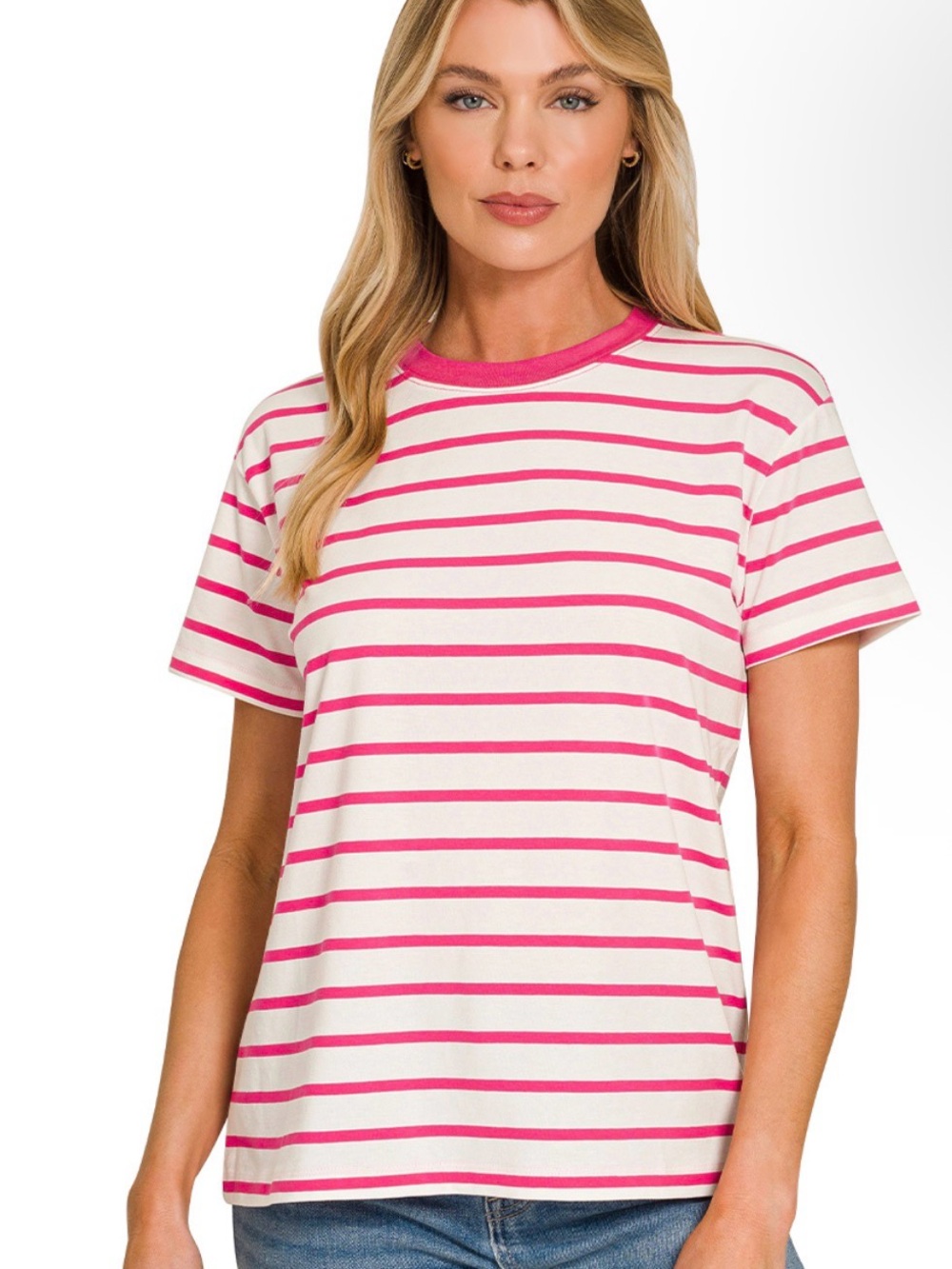 Women's Pink Stripe Short Sleeve Crewneck Tee